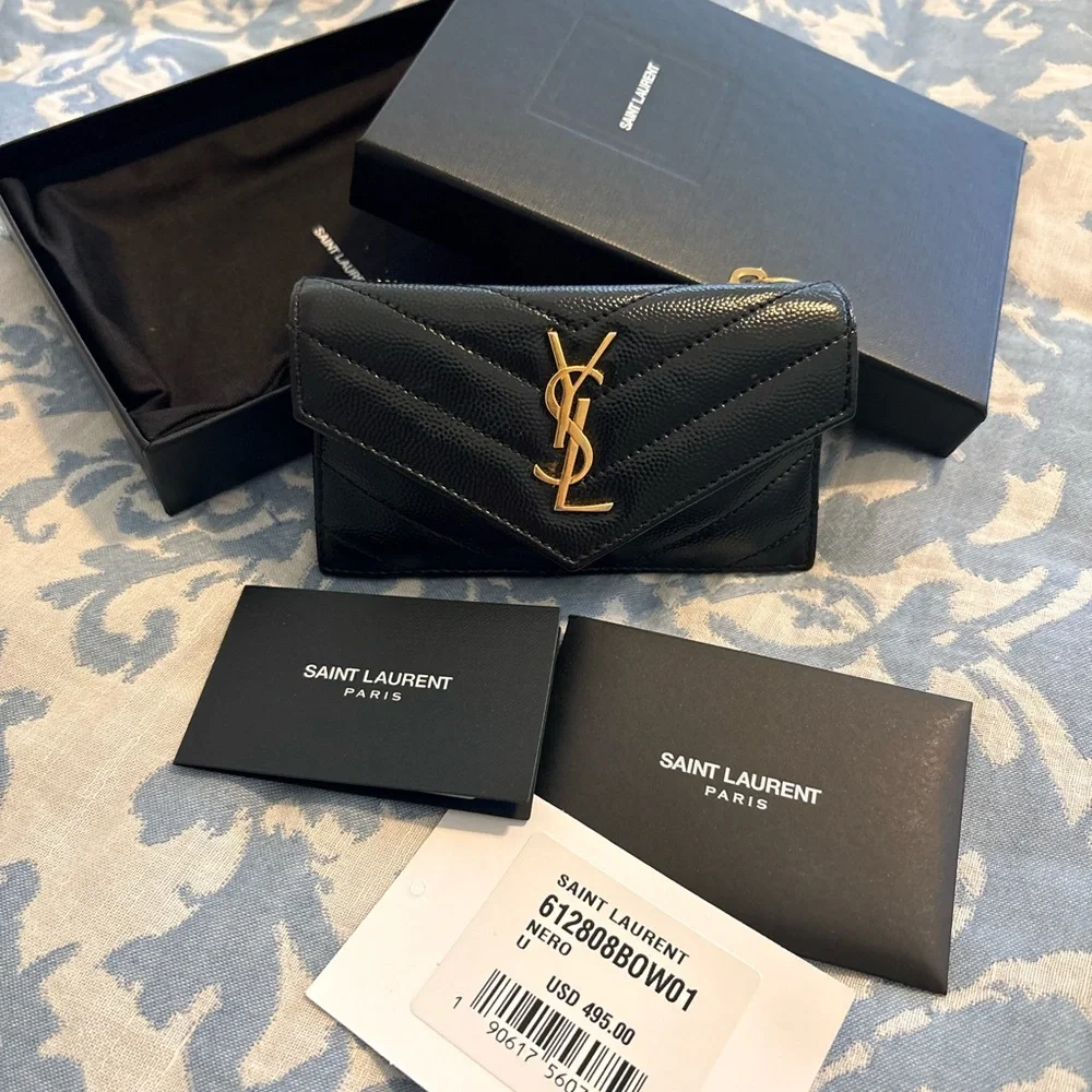 Saint Laurent Black and Gold Chevron Wallet Flap Card Case - Picture 2 of 10